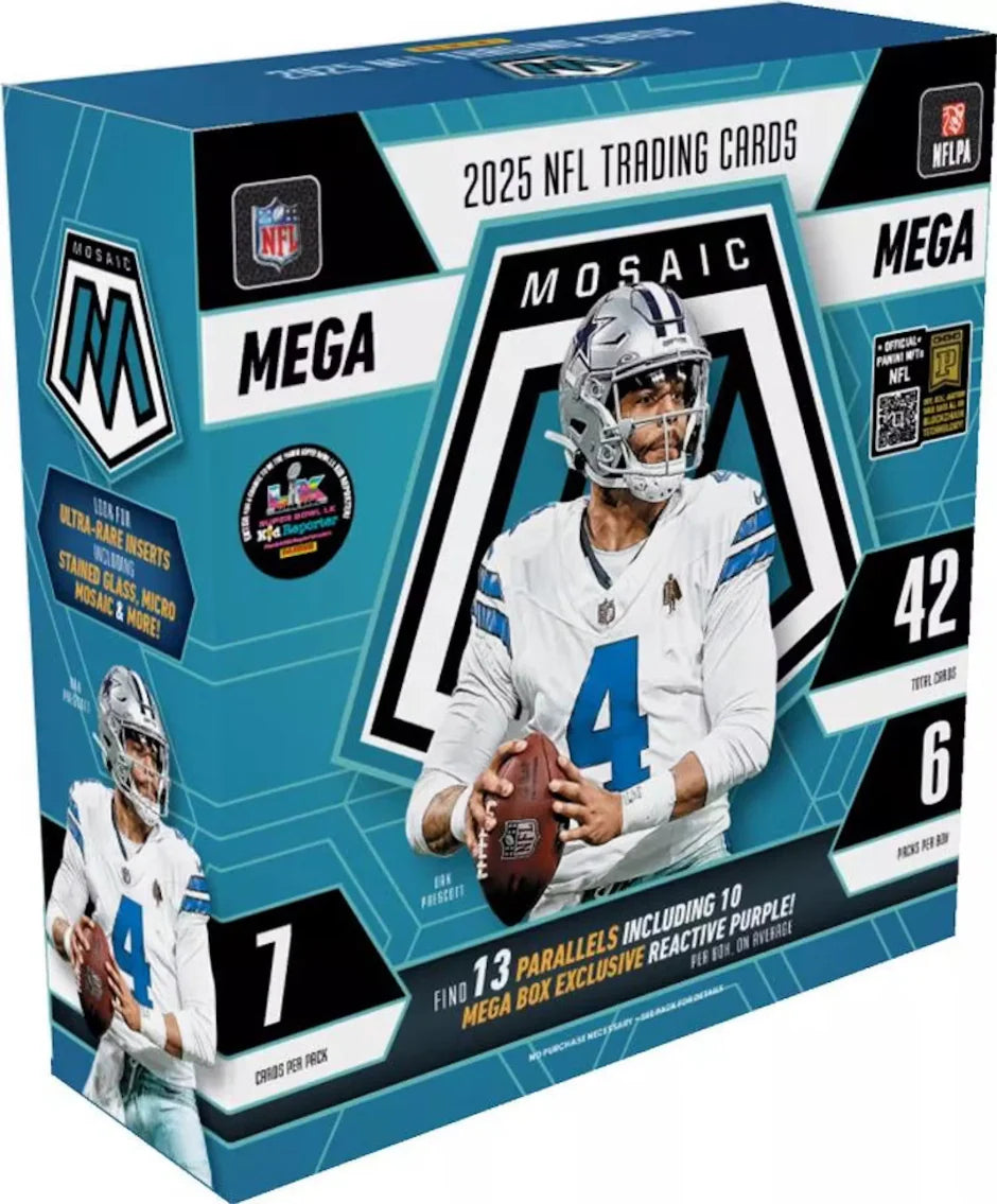2025 Panini Mosaic Football Mega Box sealed retail box with Purple Reactive Mosaic parallels and SSP inserts